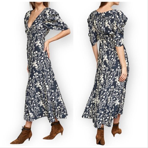 La Ligne Midi Dress, Flora dress, Silk, Size 0, Blue/Cream, New with tag - Picture 2 of 15